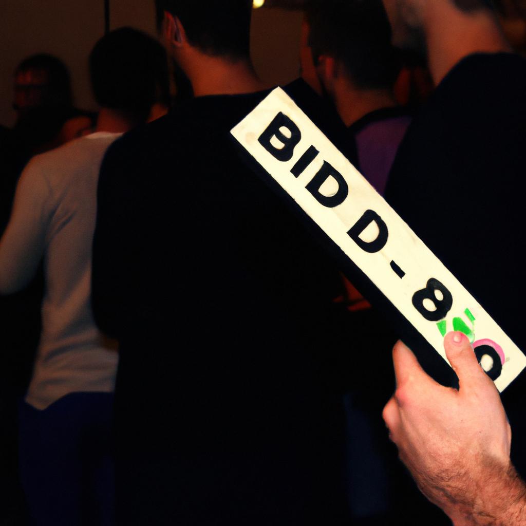 Person holding auction paddle, bidding