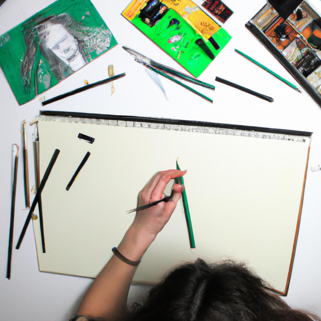 Person drawing with art supplies