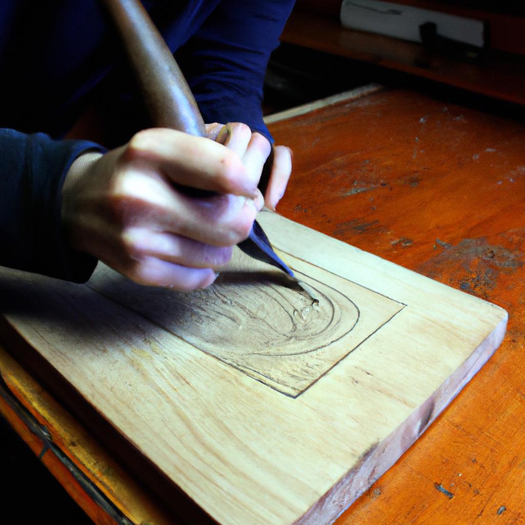 Person carving linocut print design