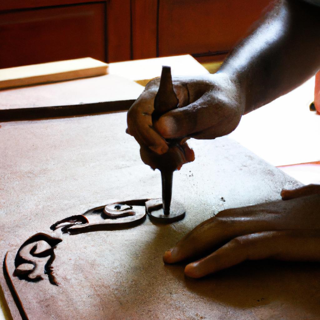 Person carving woodblock for printing